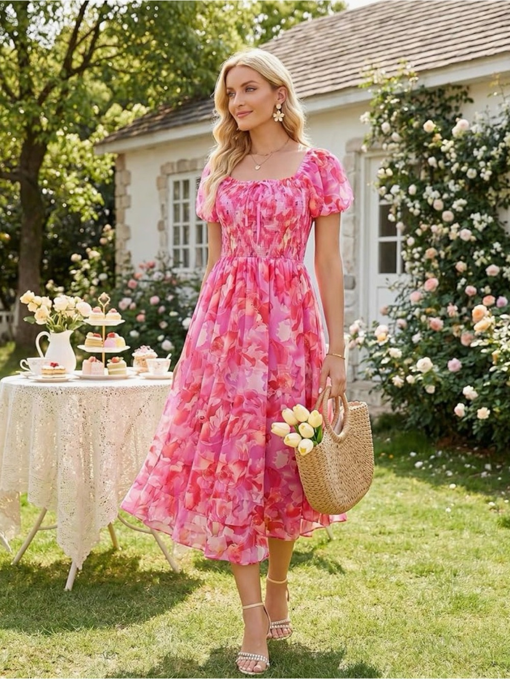 NWT Pink Floral Puff-Sleeve Dres-S - Picture 5 of 17